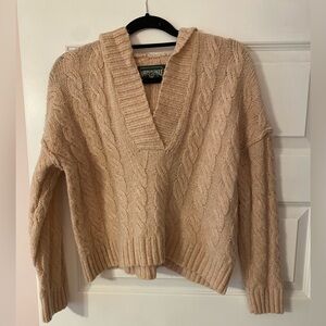 American Eagle Women's Light Pink Cable Knit V-Neck Sweater